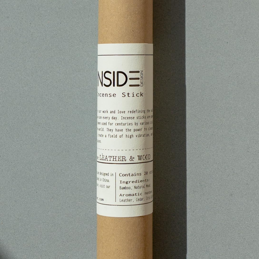 Leather & Wood Incense Sticks – 11 Inch, Long Lasting (Up to 1 Hour Burn), Low Smoke, Clean Burn, Lab-Tested – 20 Sticks – Inside Design