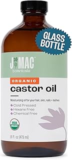 J MAC BOTANICALS Organic Castor Oil Cold Pressed in Amber Glass Bottle (16 oz) USDA Certified, Hexane Free - Moisturizing Oil for Hair, Skin, Face, Eyelashes, Brows, Nails, and Castor Wraps