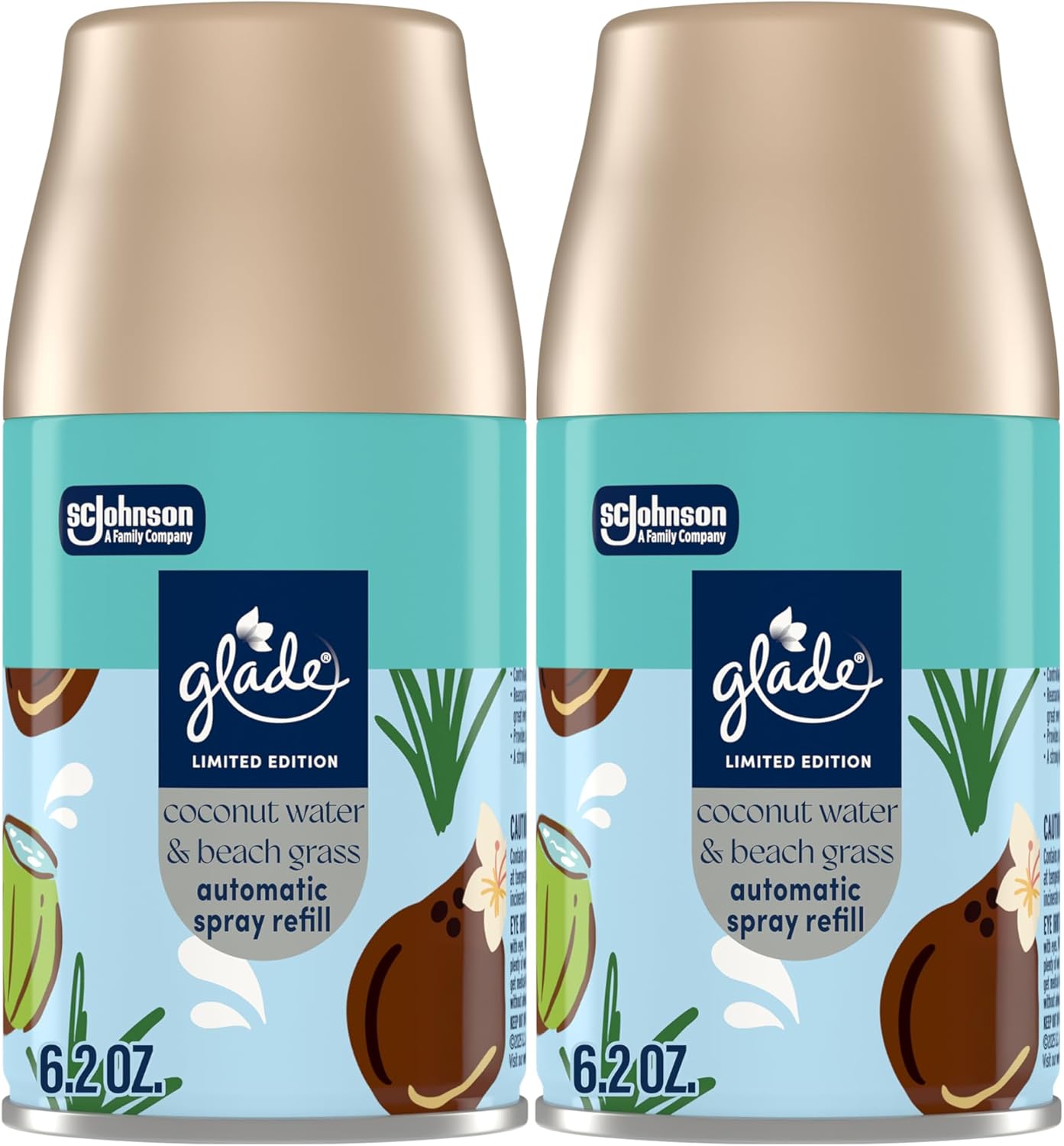 Glade Automatic Spray Refill, Coconut Water & Beach Grass, Scented Air Freshener for Home and Bathroom, 6.2 Oz, 2 Count