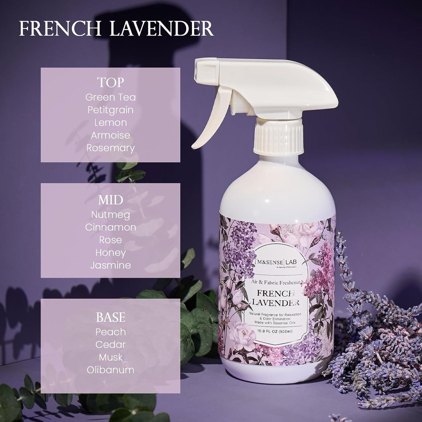 ‌M&SENSE Air & Fabric & Pet Odor Eliminator Spray - 16.9oz Large Size Natural Safe Air Freshener Lavender Scented Deodorizer for Home Eliminates Smoke Musty Smells Calming Scent for Bedtime Relaxation