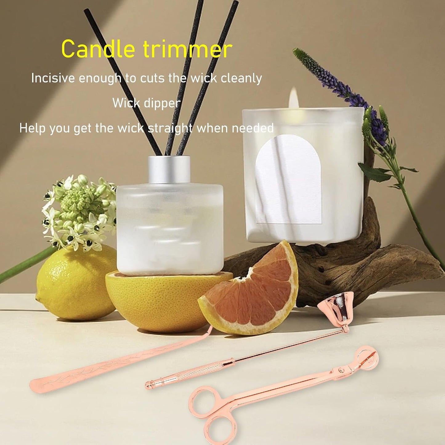 3pcs Candle Wick Trimmer Set, Stainless Steel Candle Accessory Set with Wick Trimmer Snuffer and Dipper, Rose Gold 3 in 1 Candle Care Kit for Home Spa and Gift Use