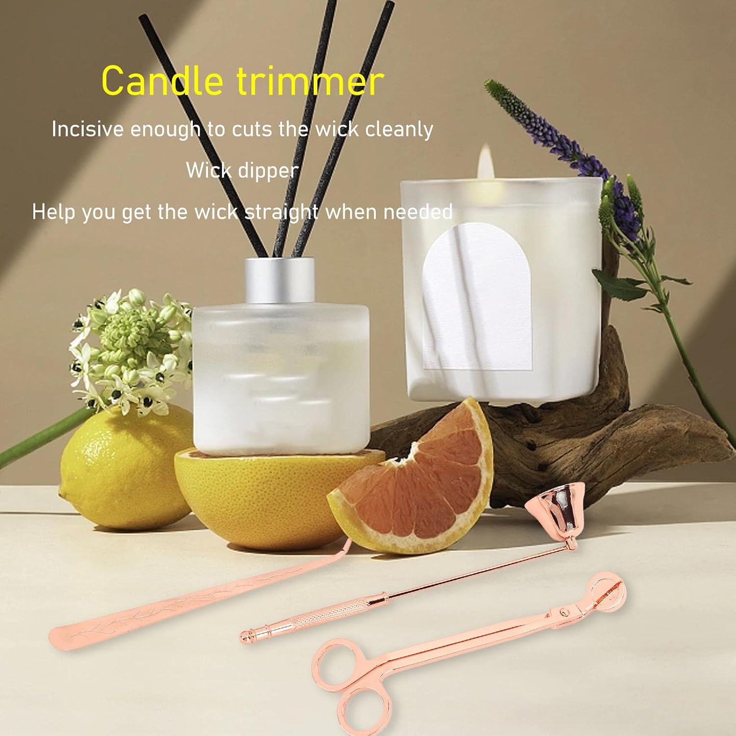 3pcs Candle Wick Trimmer Set, Stainless Steel Candle Accessory Kit with Wick Dipper and Snuffer, Rose Gold Candle Care Tools for Safe Burning and Longer Candle Life