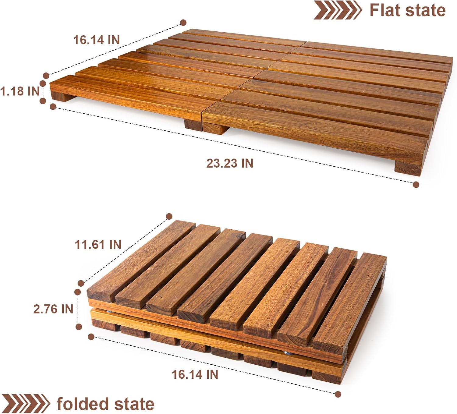 Wood Shower Bath Mat - Foldable Wooden Bathroom Mat, Bamboo Teak Acacia Floor Mat Rugs for Inside Shower Platform Outdoor Indoor
