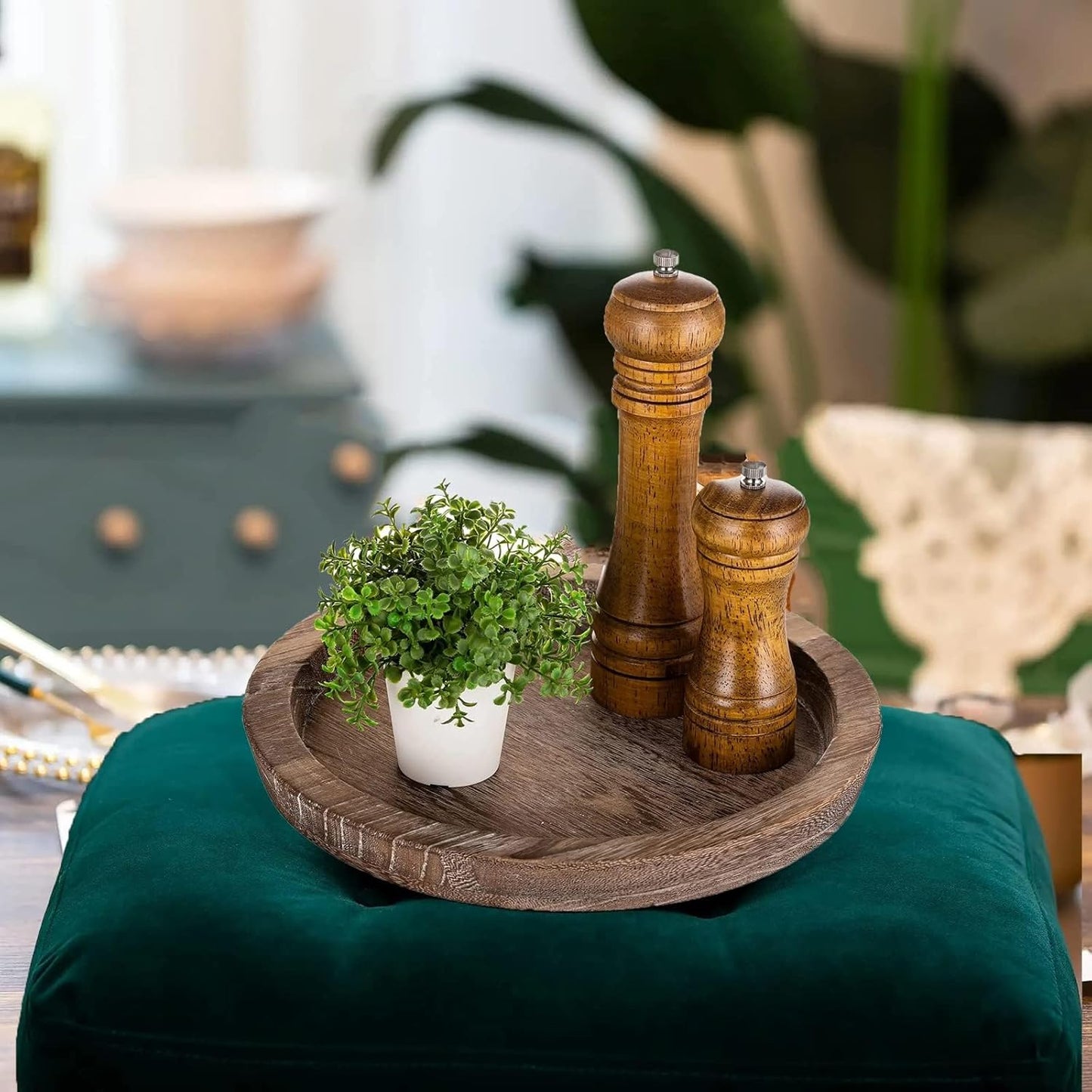 Rustic Wooden Serving Tray - Candle Holder Tray Home Decor, Small Wooden Serving Tray, Round Wood Tray for Coffee Table, Decorative Tray, Centerpiece Table Decorations for Home Decor (8.07 in), Retro