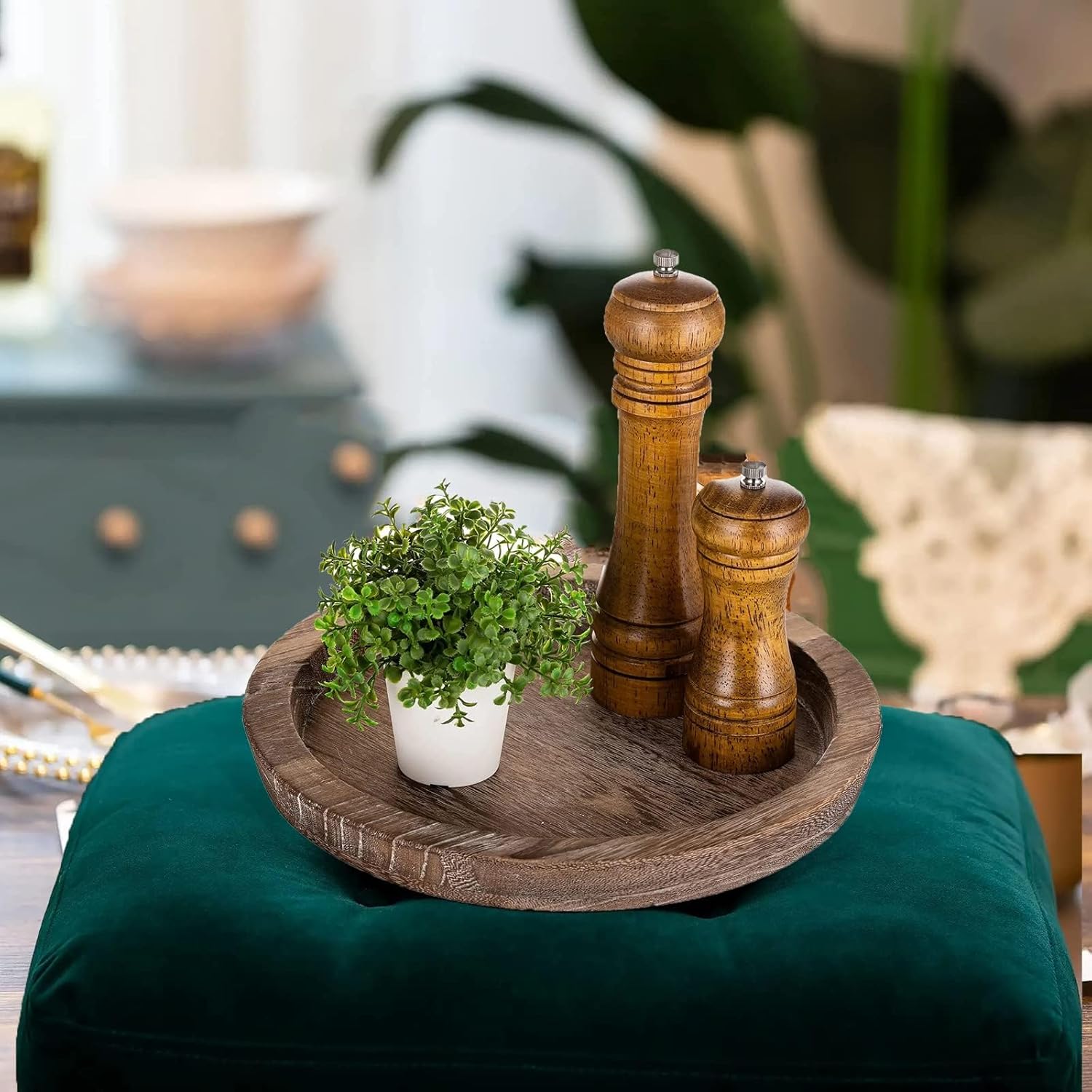 Rustic Wooden Serving Tray - Candle Holder Tray Home Decor, Small Wooden Serving Tray, Round Wood Tray for Coffee Table, Decorative Tray, Centerpiece Table Decorations for Home Decor (8.07 in), Retro
