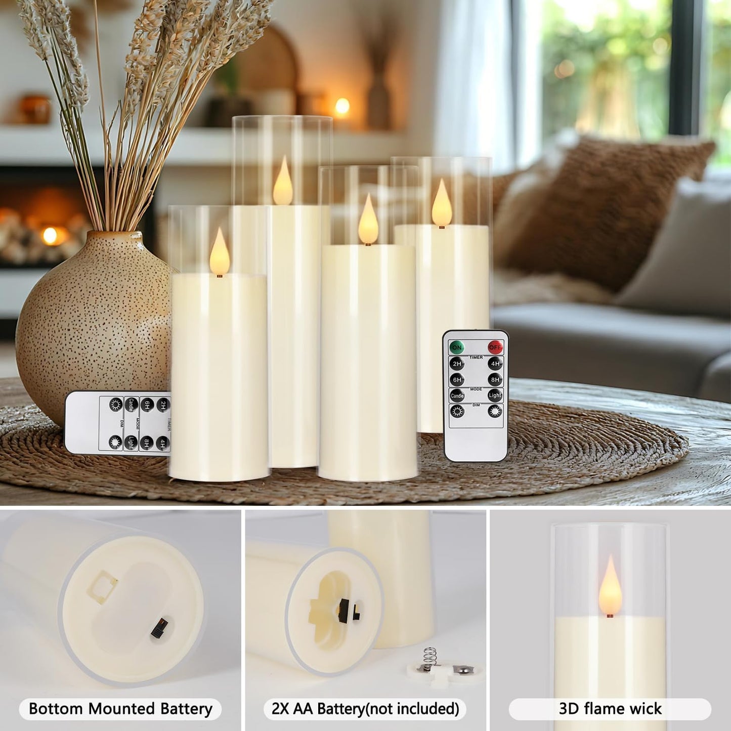 24-Pack LED Flameless Candles(14/16/18cm) with 4 Timers Remote - 3D Flickering Flame, Clear, Perfect Decor for Home & Events.