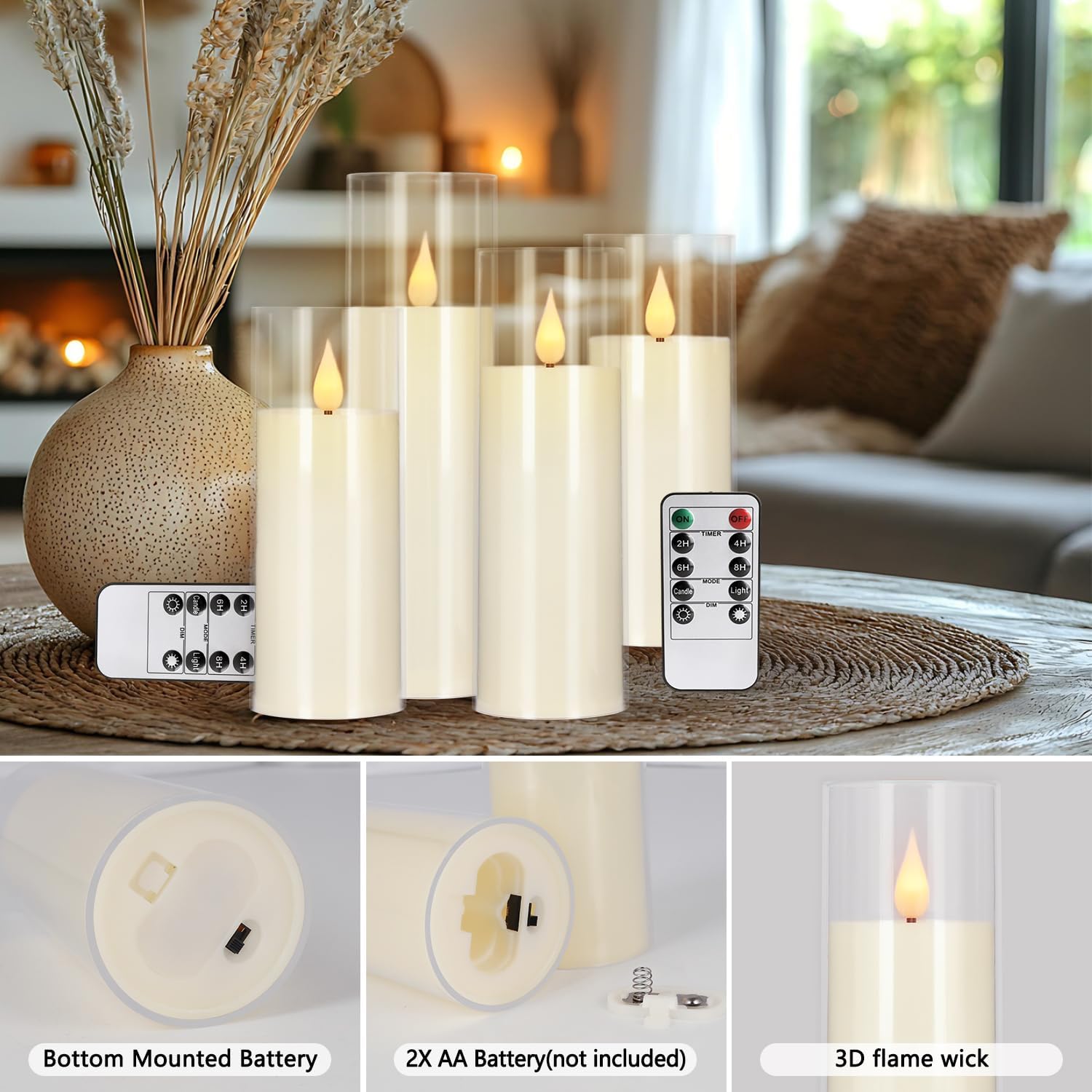 24-Pack LED Flameless Candles(14/16/18cm) with 4 Timers Remote - 3D Flickering Flame, Clear, Perfect Decor for Home & Events.