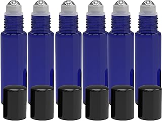 6 Pack - Roll on Glass Bottle - Blue 10ml 1/3oz Size for Essential Oil - Empty Aromatherapy Perfume Bottles - Cobalt Refillable Slim with Cap [Blue]
