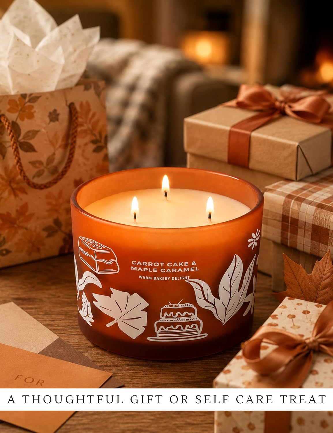 Carrot Cake Maple Caramel Scented Candle | Large 3 Wick Scented Soy Candle for Home | 14.5oz Sweet Carrot Cake Candle | Maple Bakery Candles | Long Lasting Clean Burn | Gift for Women & Men