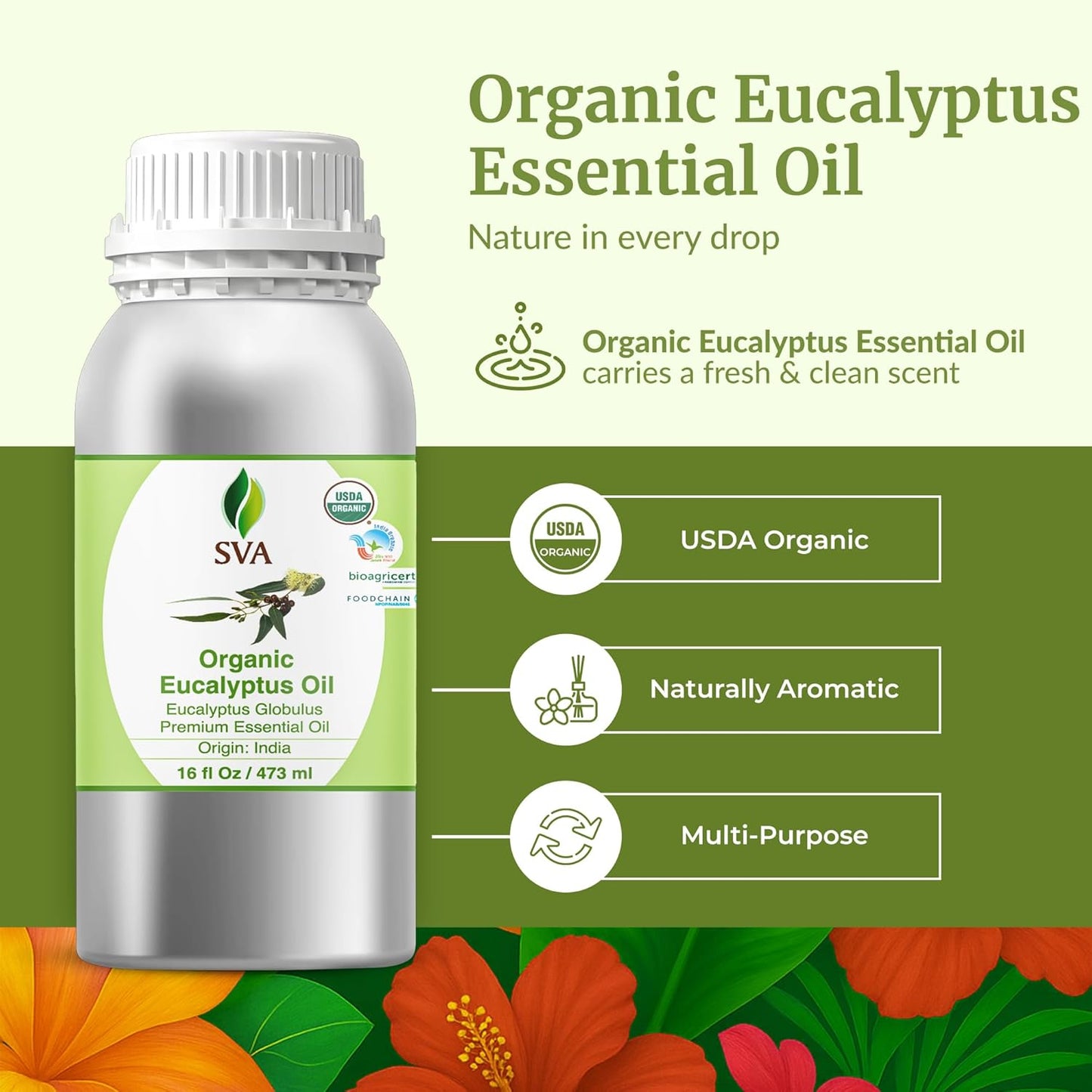 SVA Eucalyptus Essential Oil Organic – 16 Fl Oz – 100% Natural Organic Eucalyptus Oil for Hair, Face, Skin Care, Diffuser, Aromatherapy, Scalp, Body Massage, Soap and Candle Making