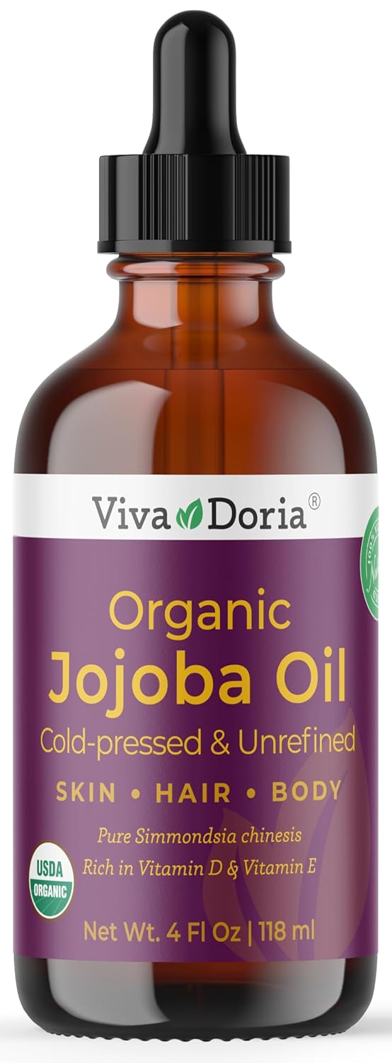 Viva Doria Jojoba Oil, USDA Certified Organic, 4 fl oz, Natural Jojoba Oil for Hair, Skin & Face, Cold Pressed Unrefined