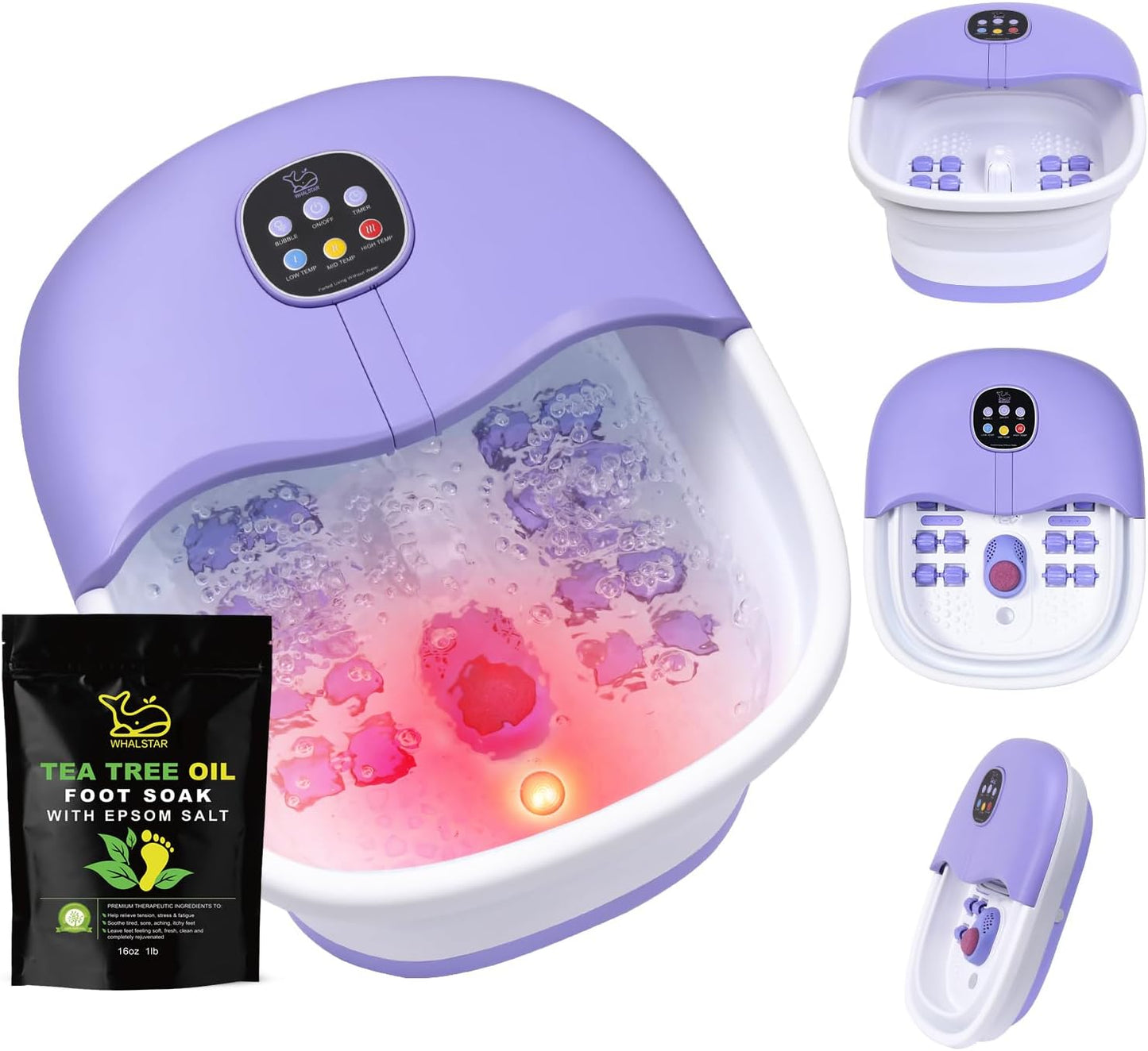 Collapsible Foot Spa Bath Massager with Heat Bubbles and Vibration Massage and Jets, 16oz Tea Tree Oil Foot Soak with Epsom Salt, Foot Bath Basin with Red Light & Remote - Purple