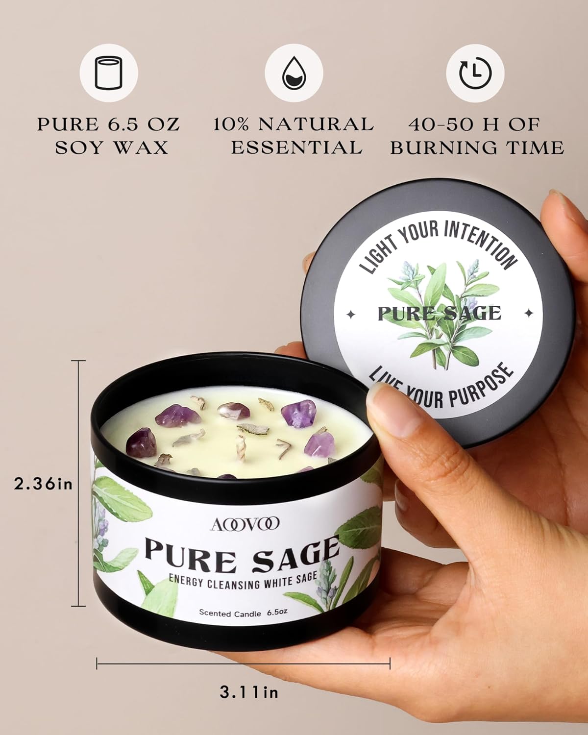 AOOVOO 4 Pack Sage Candles - Sage, Palo Santo, Sage & Palo Santo, Eucalyptus Mint Candle Set with Crystals & Decor, 26oz 200 Hours Long Lasting, Non Toxic Candles for Spiritual House Energy Cleansing