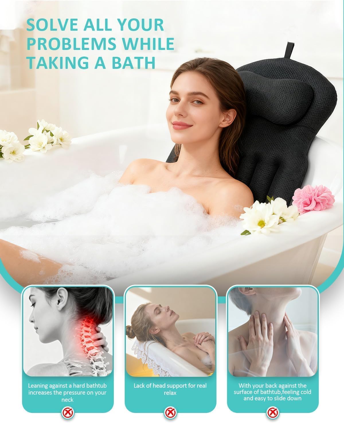 Full Body Bath Pillow for Bathtub, 5D Thick Tub Pillow for Bathtub with Movable Head, Neck & Lumbar Support, Laundry Bag & Hook, Bathtub Pillow for Post-Yoga Spa, Deep Relaxation(Black, 51"*15")