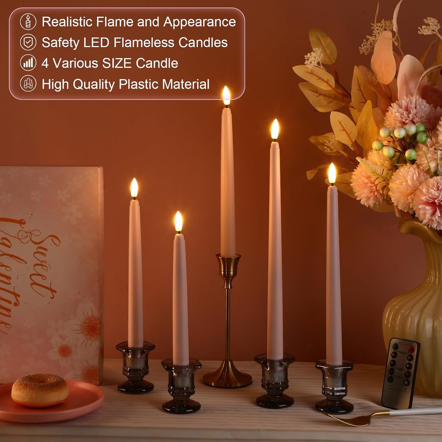 Rossesay 16 Pcs Pink Flameless Taper Candles Battery Operated Candles with Remote Timer 8.5" 9.6" 10.8" 12.8" Multiple Sizes Pink LED Flickering Candlestick for Wedding Centerpieces Party Decor