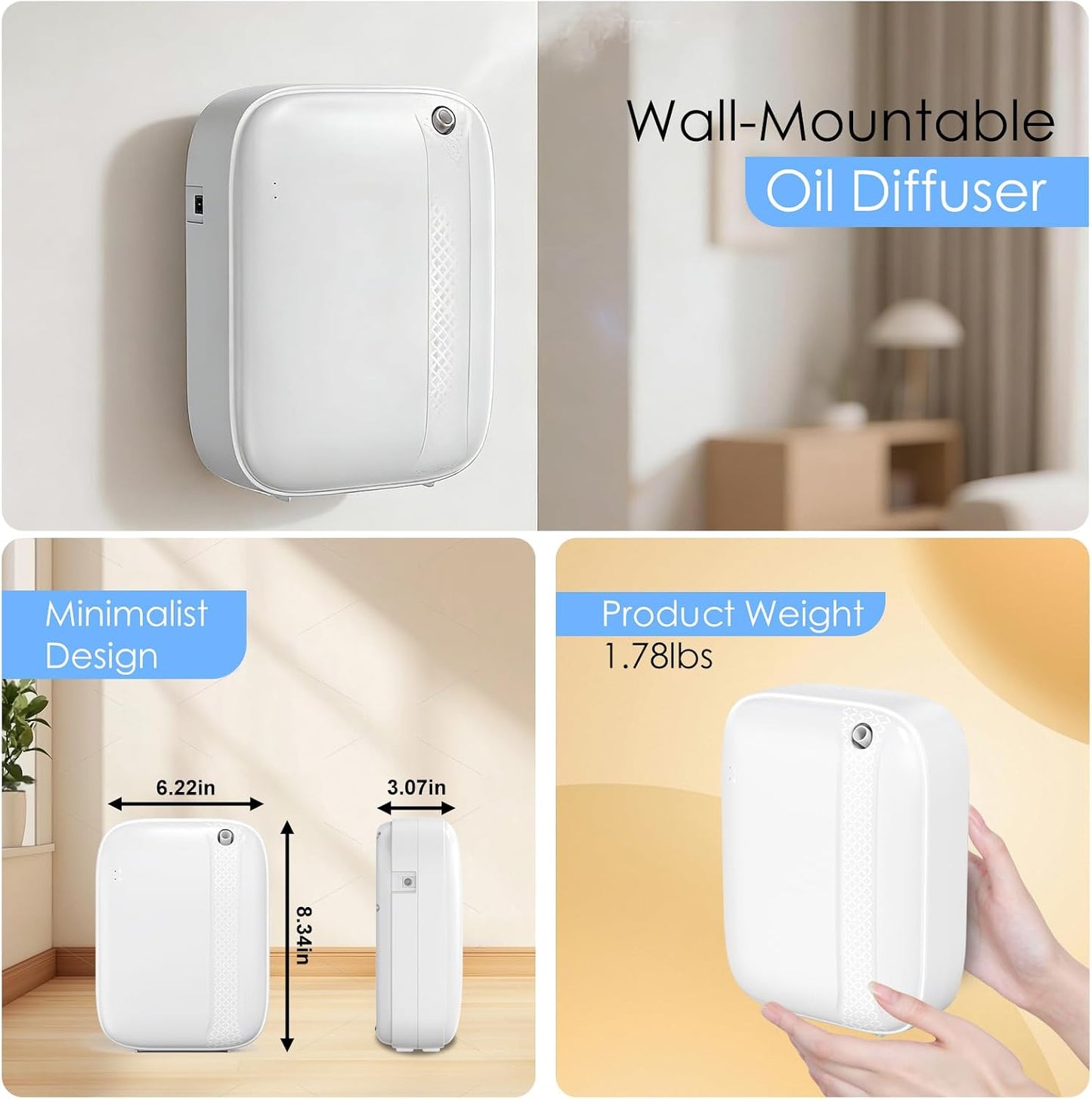 Essential Oil Diffuser, Waterless & Ultrasonic Aromatherapy Diffuser for Home, Office, Hotel, 13.5 OZ Capacity Up to 2500 Sq.Ft Coverage Room Scent Diffuser with App & Button Control(White)
