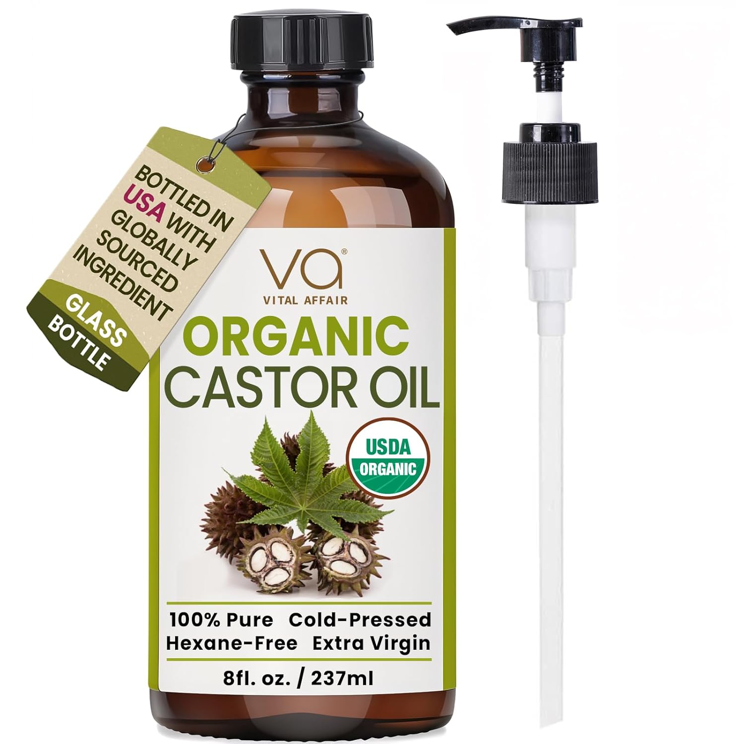 VITAL AFFAIR Castor Oil Organic Cold Pressed Unrefined Glass Bottle - USDA Certified Castor Oil For Hair Growth, Skin, Eyelashes, Eyebrows & Nails - 8 Fl Oz
