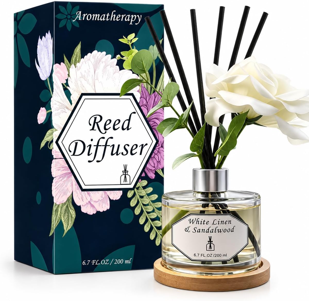 Reed Diffuser Set, White Linen &amp; Sandalwood 6.7 fl oz Oil Scent Diffuser with Sticks, Home Fragrance Diffuser for Bathroom Bedroom Office Shelf Décor