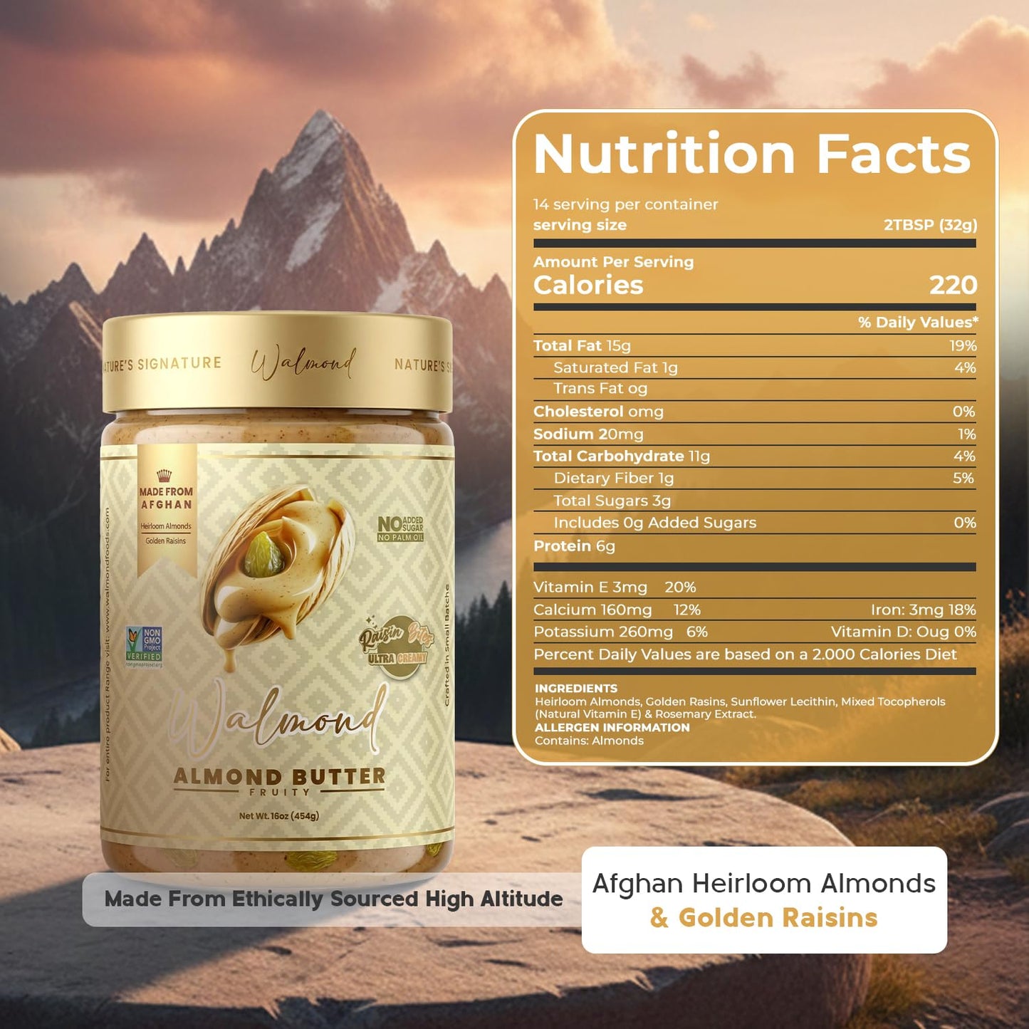 Walmond Almond Butter Fruity, Afghan Heirloom Almonds with Real Golden Raisin Bites, Lightly Fruit Sweetened, 6g Protein, No Added Sugar, No Palm Oil, NON-GMO Halal HACCP Certified, Keto Vegan, 16oz