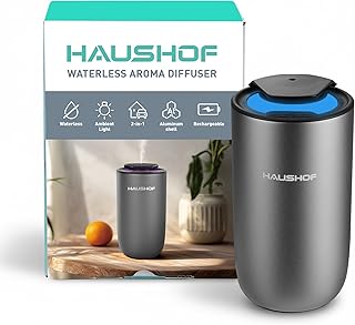 HAUSHOF Waterless Essential Oil Diffuser for Home & Car, Smart Aromatherapy Scent Diffuser with Auto On/Off, 3 Mist Levels & 3 Color Lights, Rechargeable Portable Design, Premium Silver Metal Finish