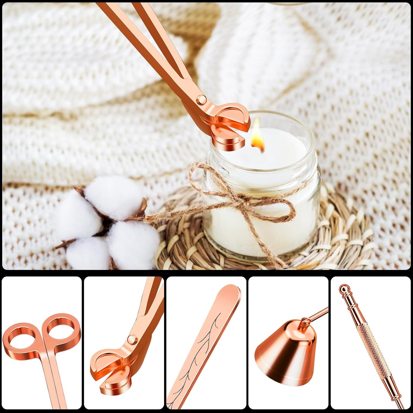 Calary 3 in 1 Candle Care Kit - Wick Trimmer, Snuffer & Dipper Set (Rose Gold)