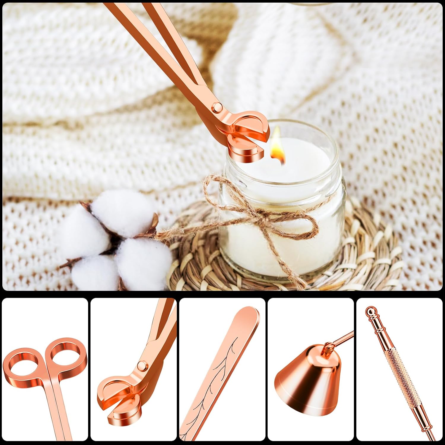 Calary 3 in 1 Candle Care Kit - Wick Trimmer, Snuffer & Dipper Set (Rose Gold)