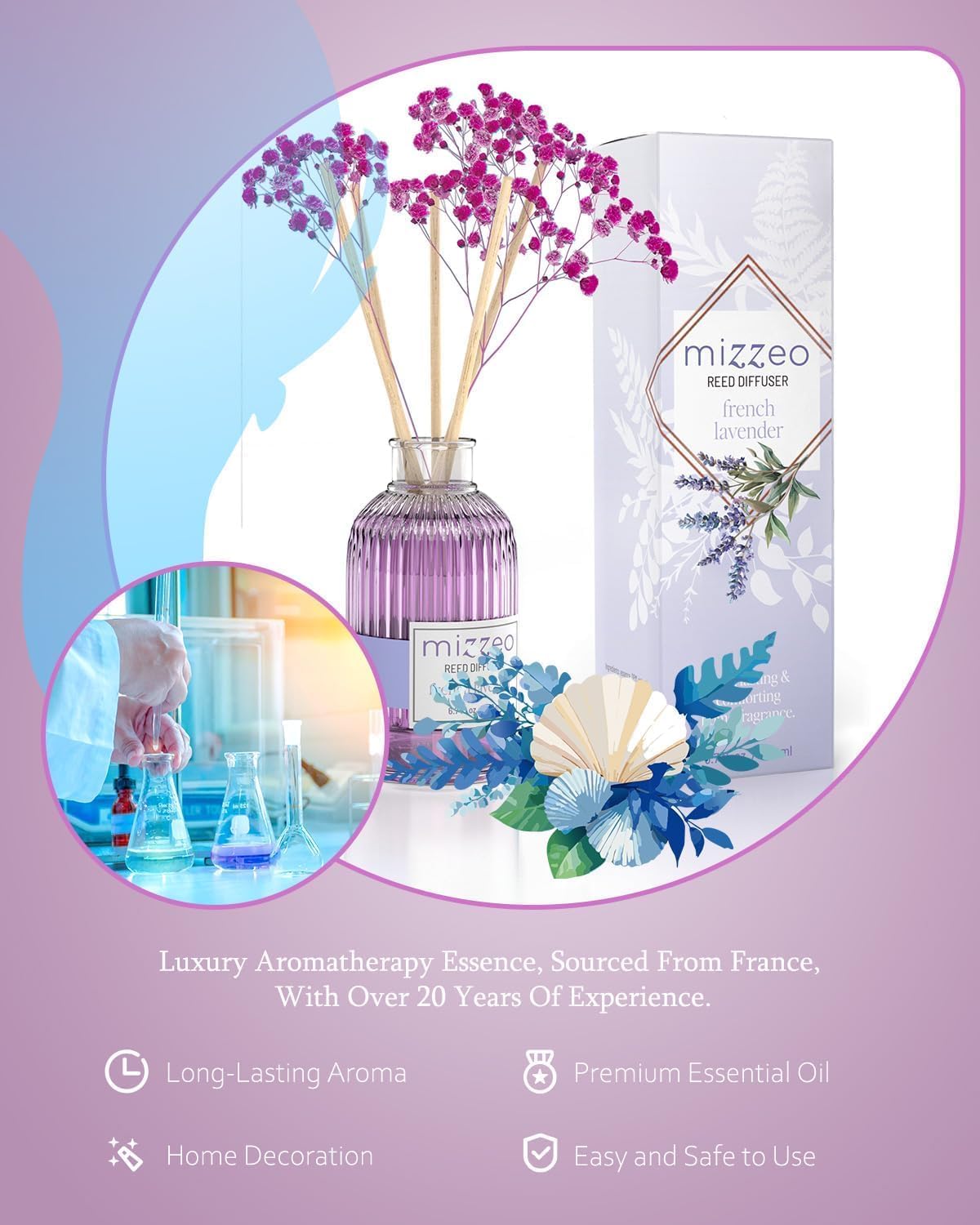 Reed Diffuser Set, French Lavender 6.76 fl oz Highly Scented Room Diffuser Home Fragrance Essential Oil Reed Flower Diffuser, House Bedroom Office Decor & Gifts
