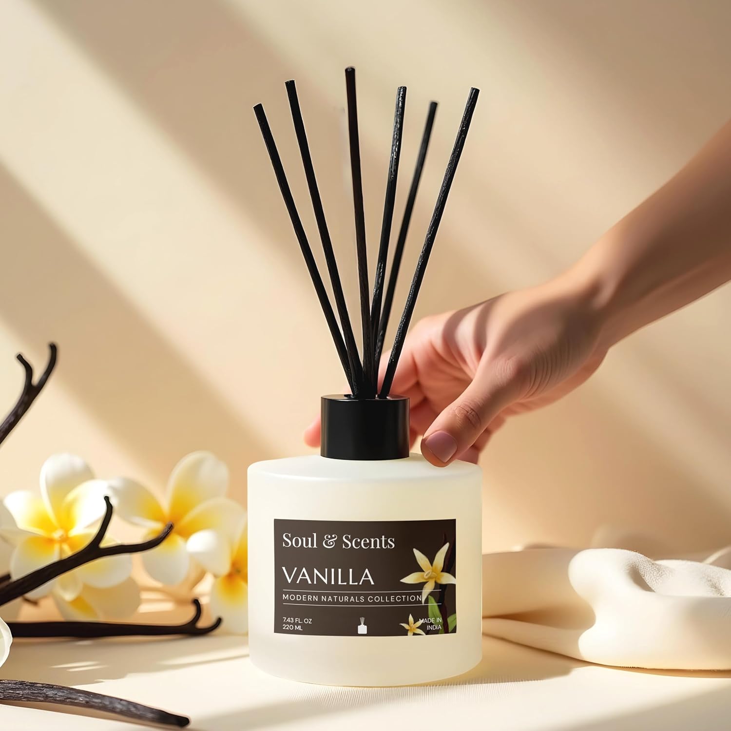 Soul & Scents Reed Diffuser Set – Vanilla | 7.43 oz Refillable Scented Oil with 6 Fiber Sticks | Long-Lasting Home Fragrance & Air Freshener for Bedroom, Bathroom, Office | Gift & Décor Piece