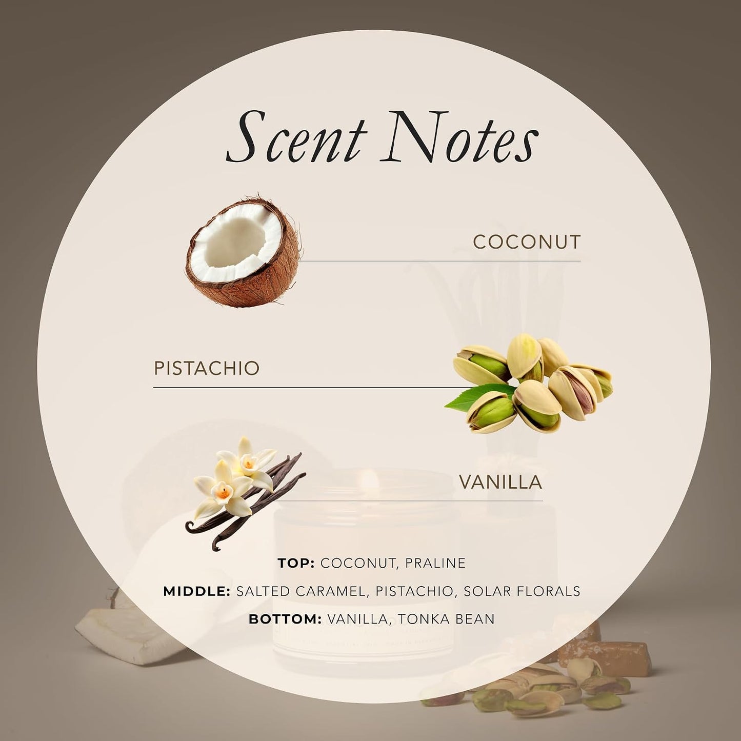 Pistachio Coconut Soy Candle, Salted Caramel Tonka Vanilla, Perfume-Inspired, Hand Poured USA, High Fragrance Load, Lead-Free Wick, Reusable Glass Jar, Dessert Candle, 7 oz