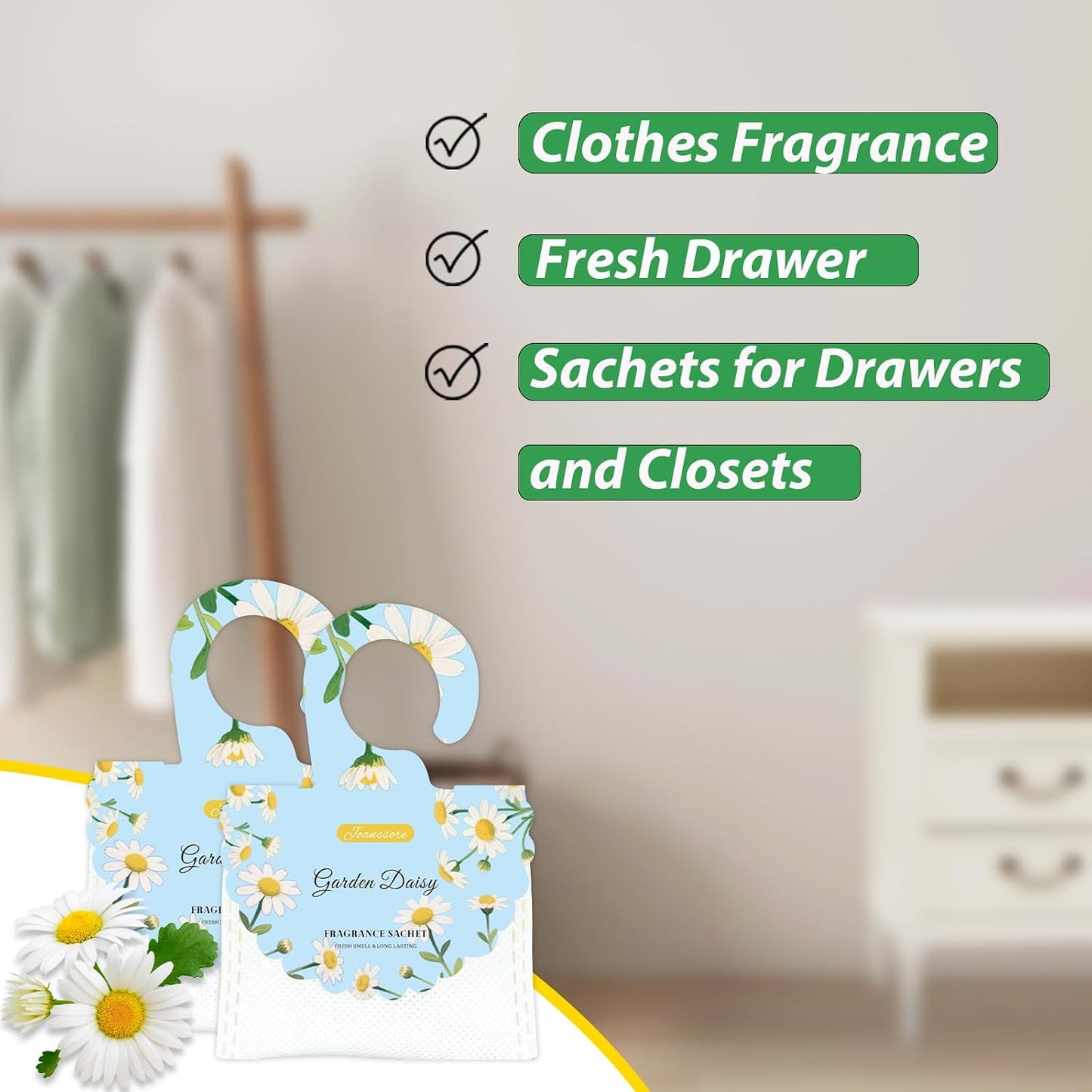 15 Packs Scented Sachets Bag for Drawers and Closets, Air Freshener for Home Fragrance Sachet, Long-Lasting Hanging Closet Deodorizer Smell Goods for House (Garden Daisy)