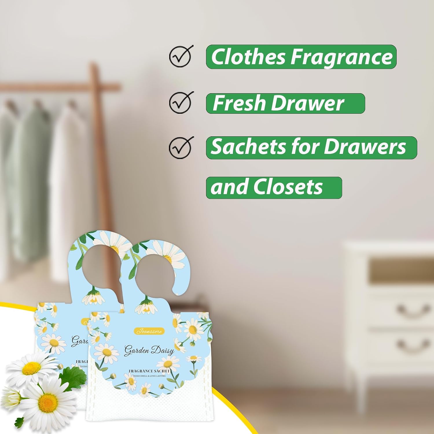 15 Packs Scented Sachets Bag for Drawers and Closets, Air Freshener for Home Fragrance Sachet, Long-Lasting Hanging Closet Deodorizer Smell Goods for House (Garden Daisy)