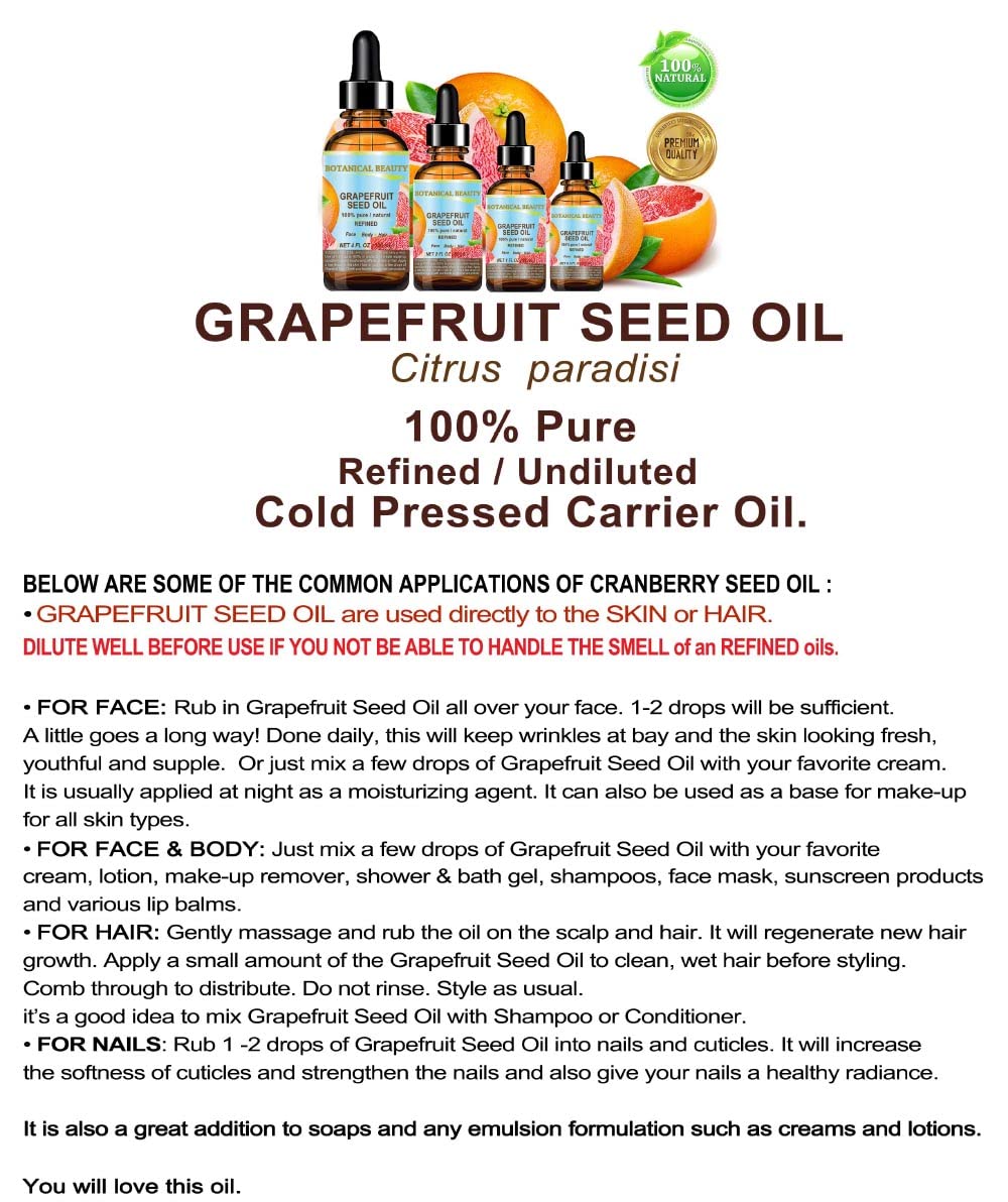 GRAPEFRUIT SEED OIL. 100% Pure / Natural / Undiluted /Refined COLD PRESSED CARRIER OIL (Not Essential Oil). 0.5 Fl.oz.- 15 ml. For Skin, Hair and Lip Care. "One of the richest natural sources of