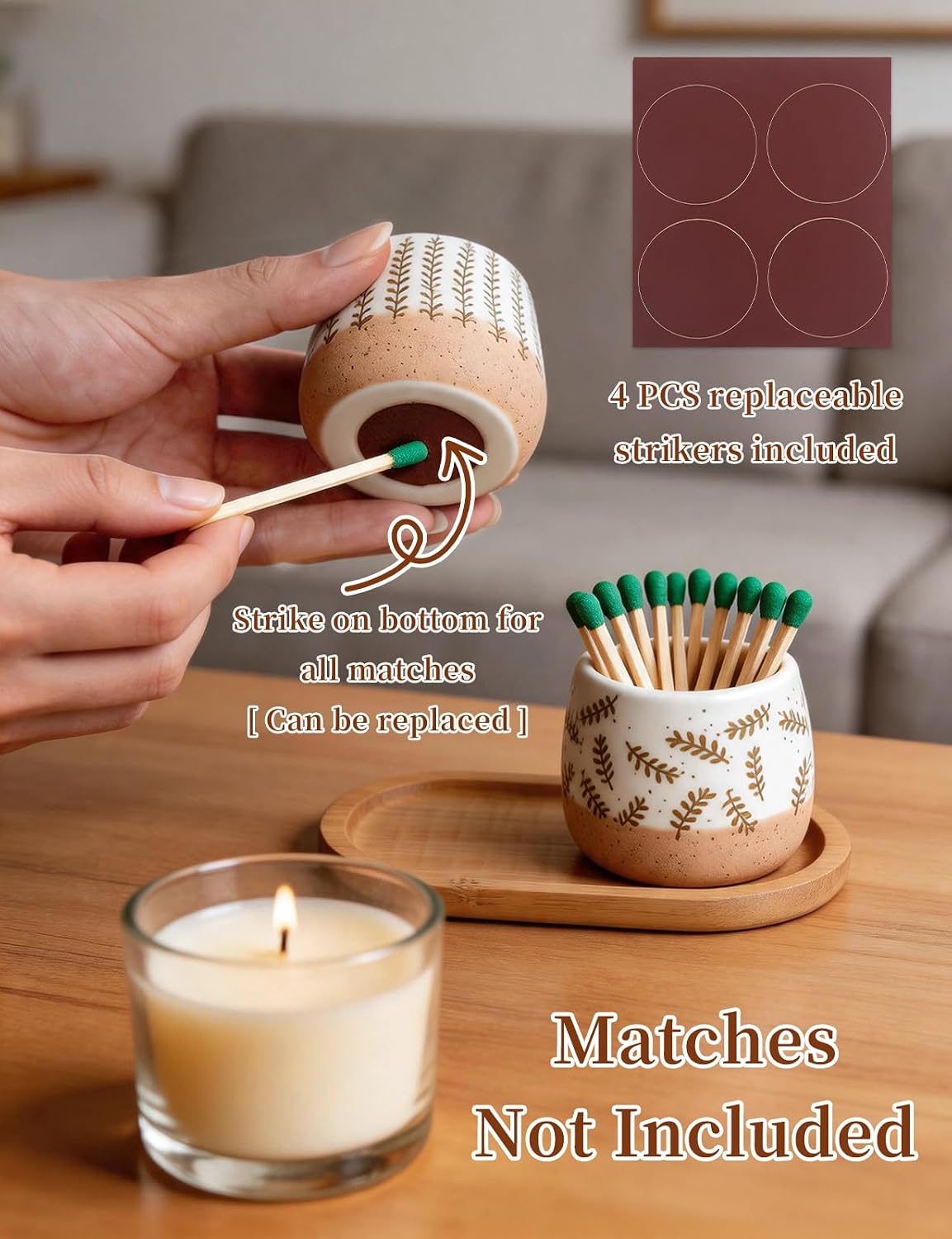 Set of 2 Hand-Drawn Botanical Ceramic Match Holders with Striker – Scandinavian Line Art Fern & Vine Pattern, Mini Matchstick Jar for Kitchen Bathroom Candle Decor, Matches NOT Included