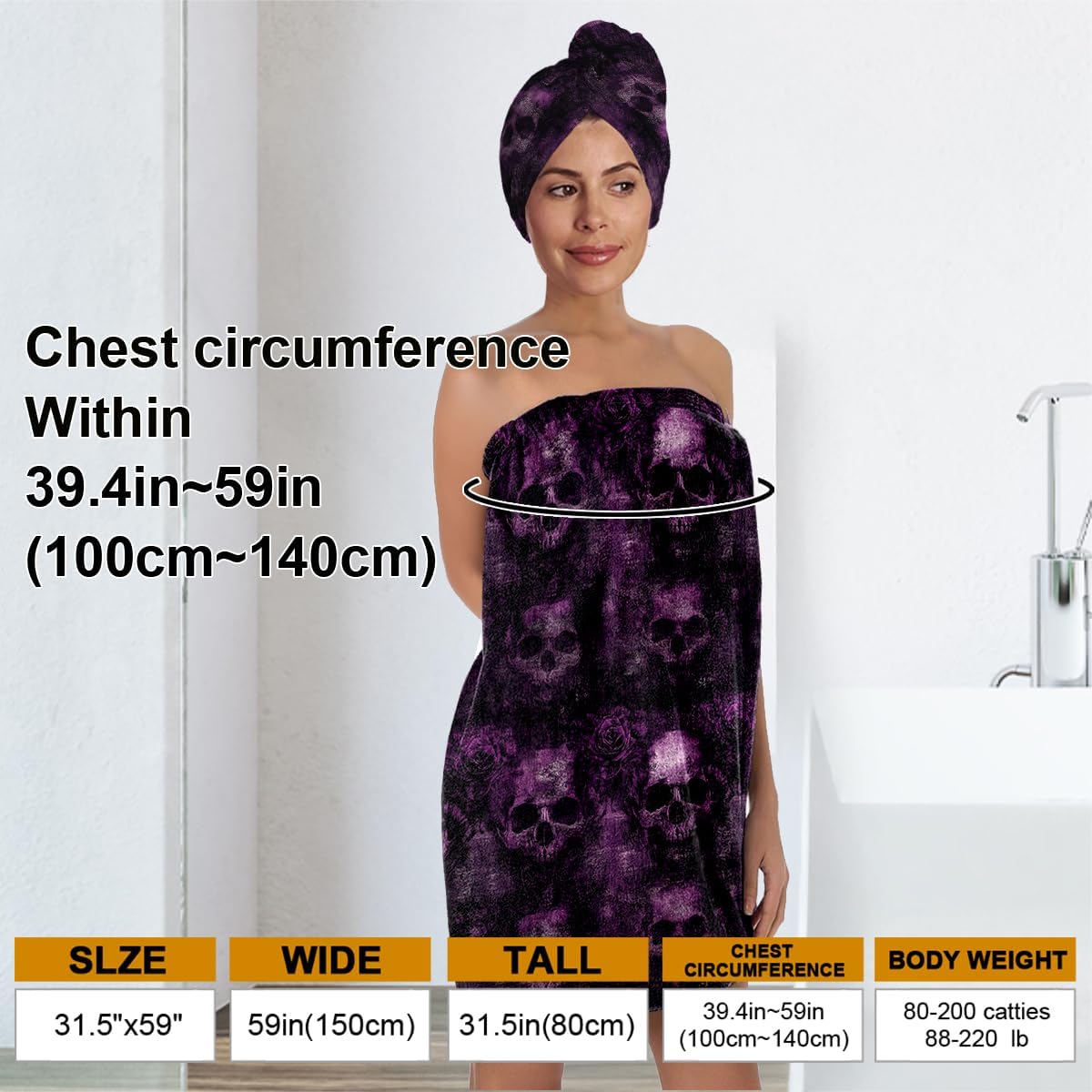 Gothic Skull Print Bath Wrap Set with Hair Turban, Purple and Black, Women's Spa Towel Wrap