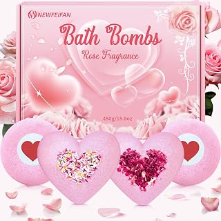 Rose Bath Bombs for Women XXL, Gifts for Mom, 4-Pack Handmade Natural & Organic Rose Essential Oil, Pink Teacher Appreciation Gifts for Wife Daughter Girlfriend Coworkers