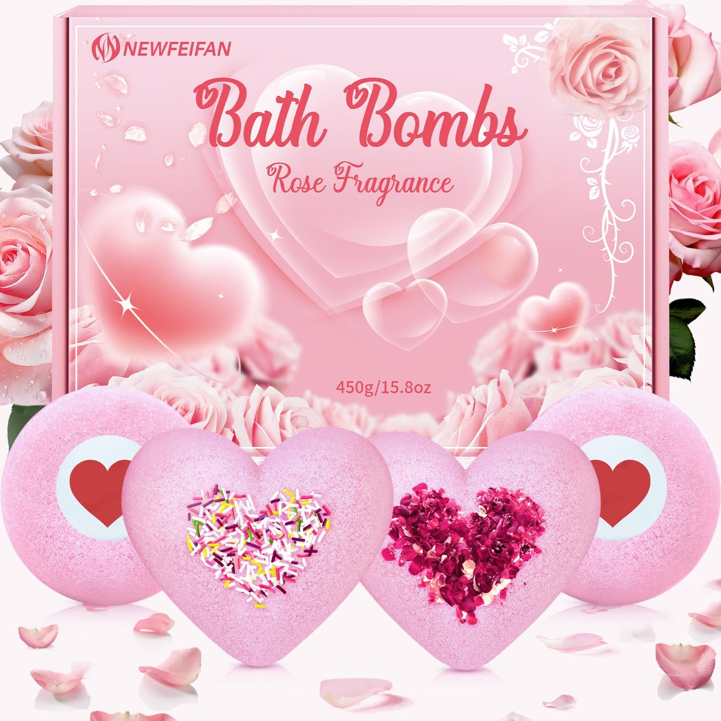 Rose Bath Bombs for Women XXL, Gifts for Mom, 4-Pack Handmade Natural & Organic Rose Essential Oil, Pink Teacher Appreciation Gifts for Wife Daughter Girlfriend Coworkers