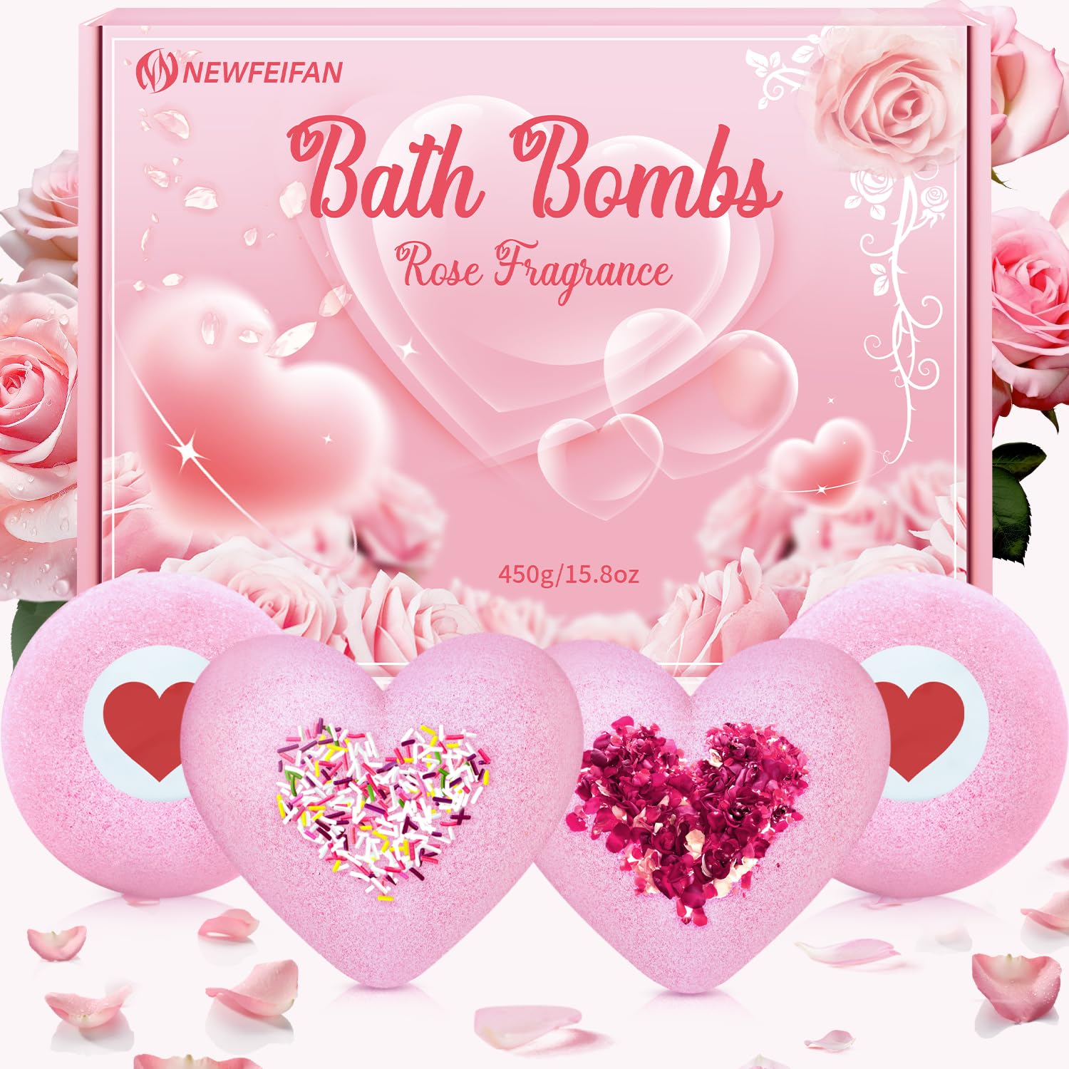Rose Bath Bombs for Women XXL, Gifts for Mom, 4-Pack Handmade Natural & Organic Rose Essential Oil, Pink Teacher Appreciation Gifts for Wife Daughter Girlfriend Coworkers