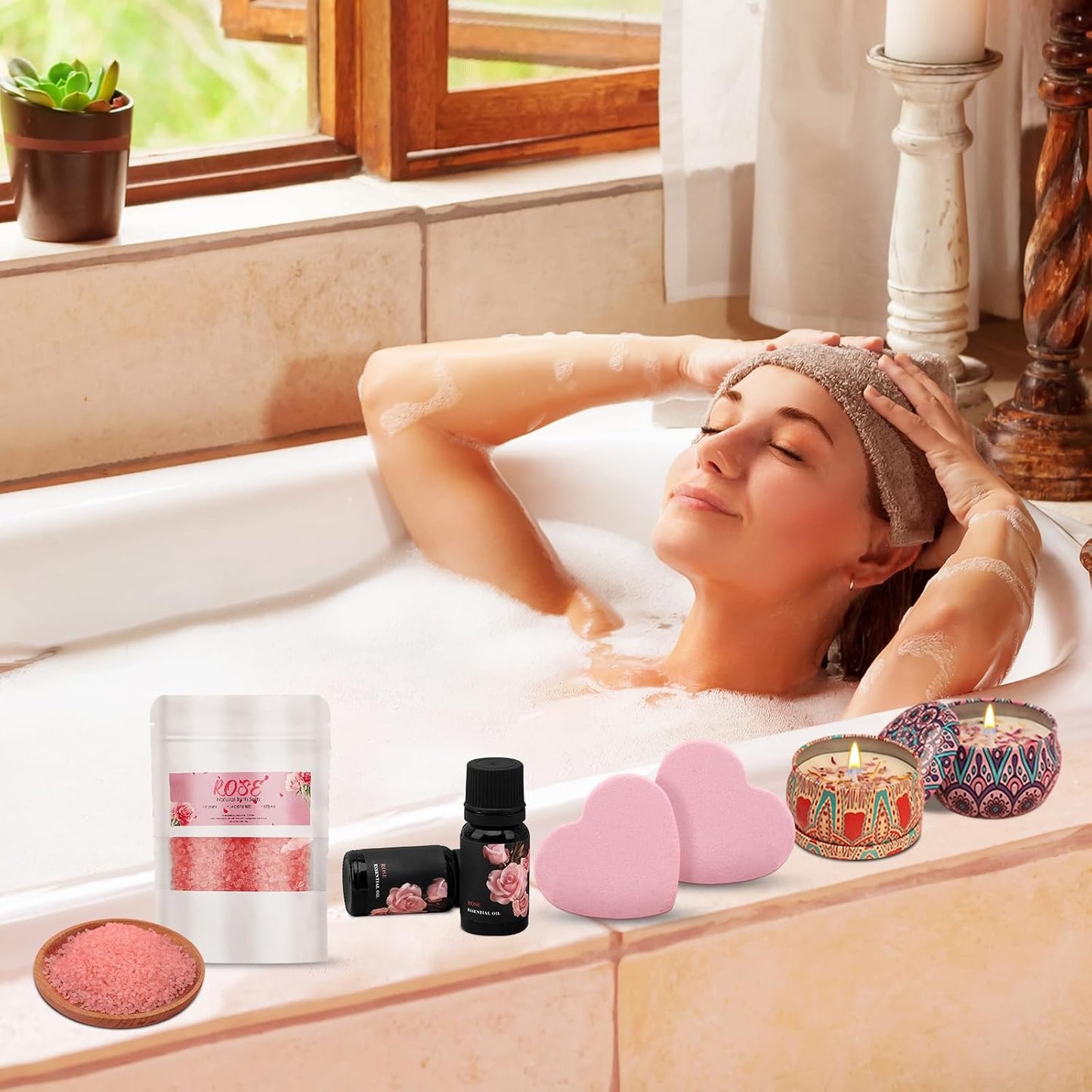 9-Piece Rose Bath & Spa Pamper Set, Relaxation Gift Box for Women, Unique Thank You, Appreciation & Birthday Gifts for Mom, Friend, Sister, Teacher(Pink-Thank You)