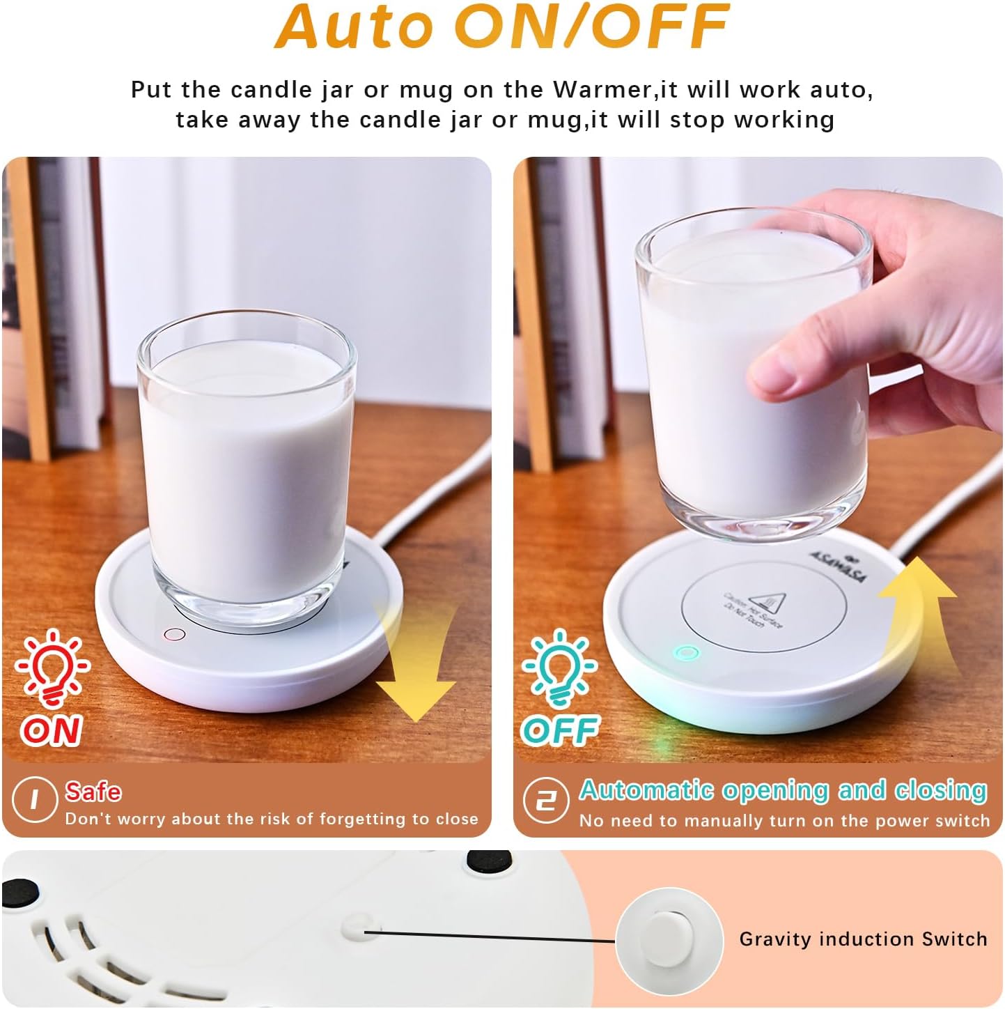 ASAWASA Smart Candle Warmer for Large Jar, Coffee Mug Warmers, with Gravity Switch Auto Shut-On/Off, Safely and evenly Release The Aroma, Keep The Drink at a Pleasant Temperature, A Thoughtful Gifts