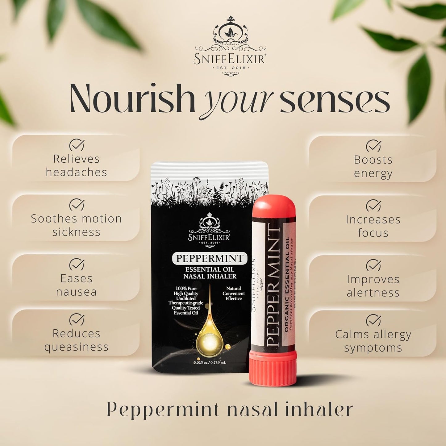 Peppermint Oil Aromatherapy Nasal Stick Vapor Inhaler for Migraine Relief - Nausea & Motion Sickness, USA Made with Organic Essential Oils, Tension Headache