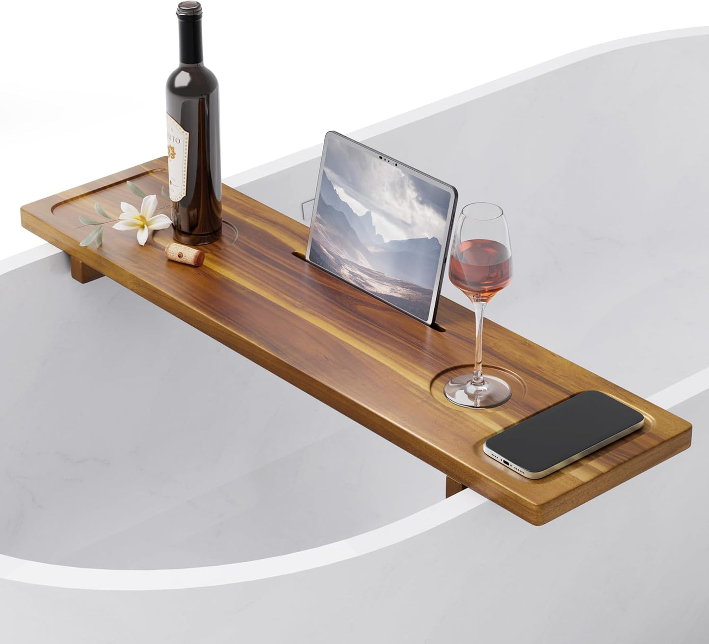 Bathtub Tray, Acacia Bath Tray for Tub, 34.6''x9'' Wooden Bathtub Caddy Tray with Adjustable Legs Fit Various Bathtubs, Anti-Tipping, Sustainable Bath Table with Wine Glass and Tablet Holder