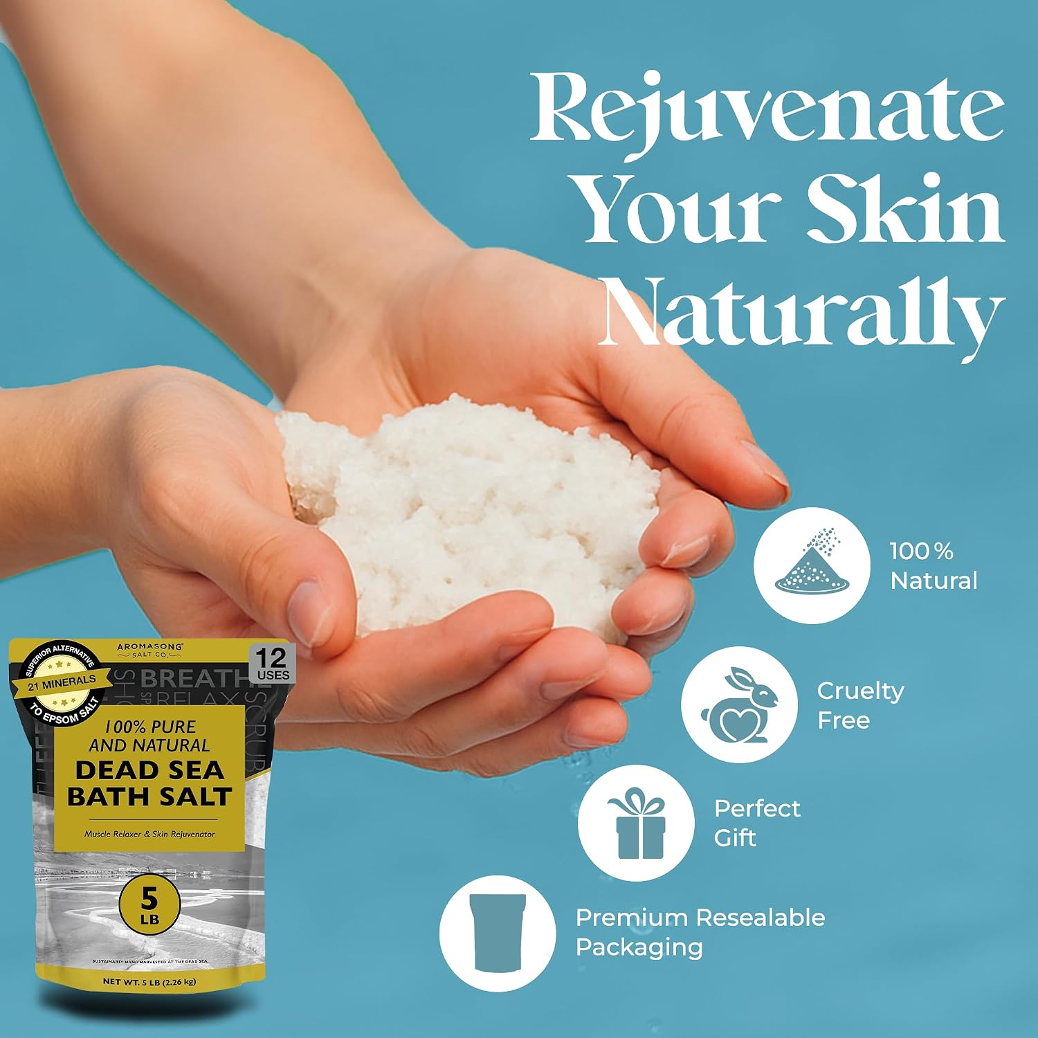 Aromasong Dead Sea Bath Salt - 100% Pure & Natural Dead Sea Salts for Soaking Fine Grain 5 LB - Bulk Resealable Pack - Used for Body wash Scrub - Soak for Women & Men.