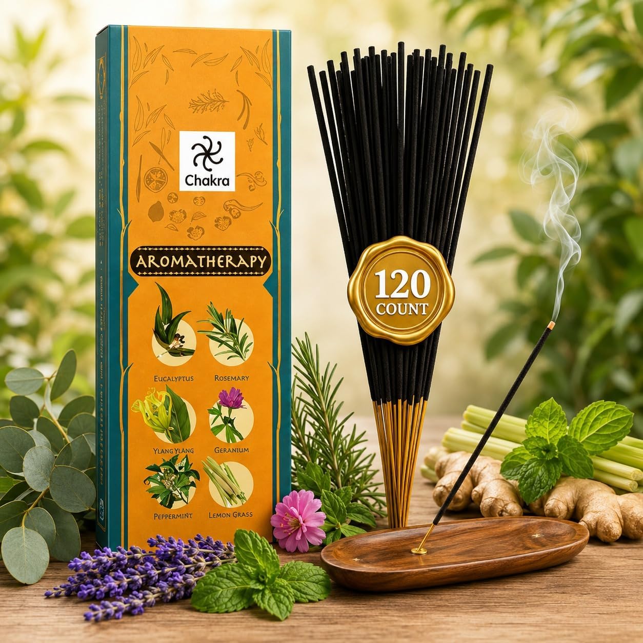 Aromatherapy Incense Gift Pack – 120 Natural Sticks (6 Boxes) – Relaxing, Stress Relief, Meditation, Refreshing, Sensuality & Energising Scents – Eucalyptus, Geranium & More | Chakra