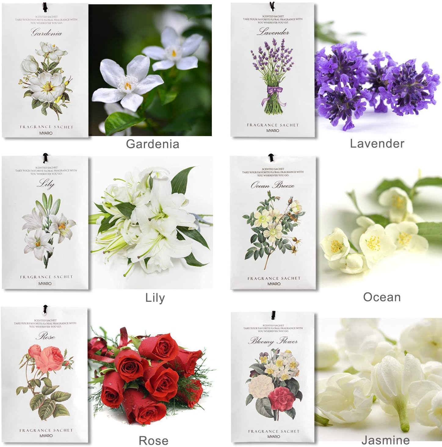 MYARO 24 Packs Scented Sachets for Drawer and Closet, Long-Lasting Sachets Bags Home Fragrance Sachet 6 Scents Option- Lavender, Rose, Jasmine, Ocean, Gardenia, Lily