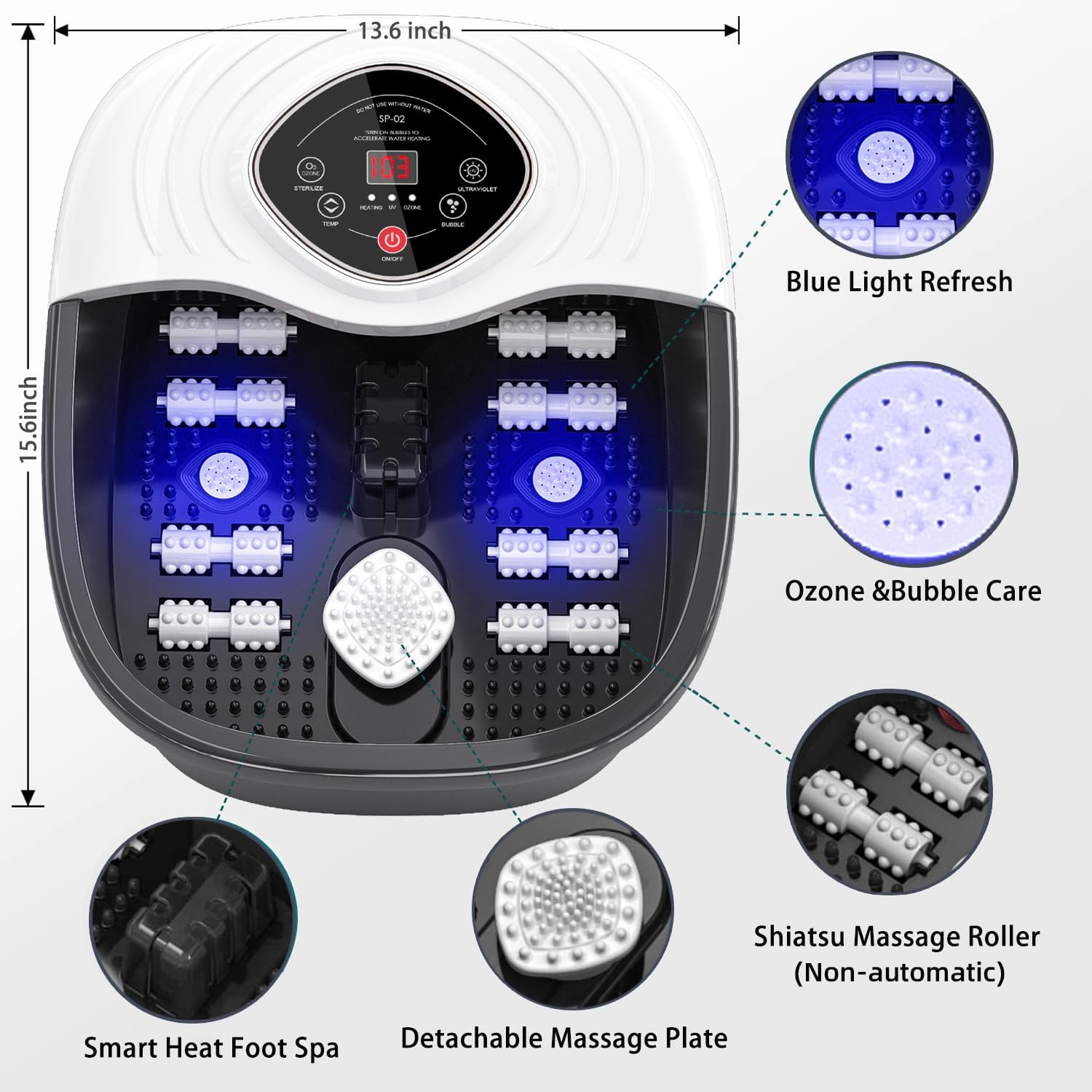 closewave Foot Spa Bath Massager with Heat, UV Ozone & Oxygen Bubbles,Shiatsu Rollers Epsom Salt Temperature Control, Relieves Stress and Feet Pain - Home Pedicure Soaking Tub Gift for Women/Men