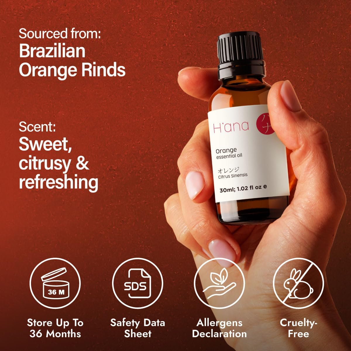 H'ana Orange Oil - 1.02 Fl Oz Orange Essential Oil for Hair, Skin, Diffuser, Aromatherapy & DIY