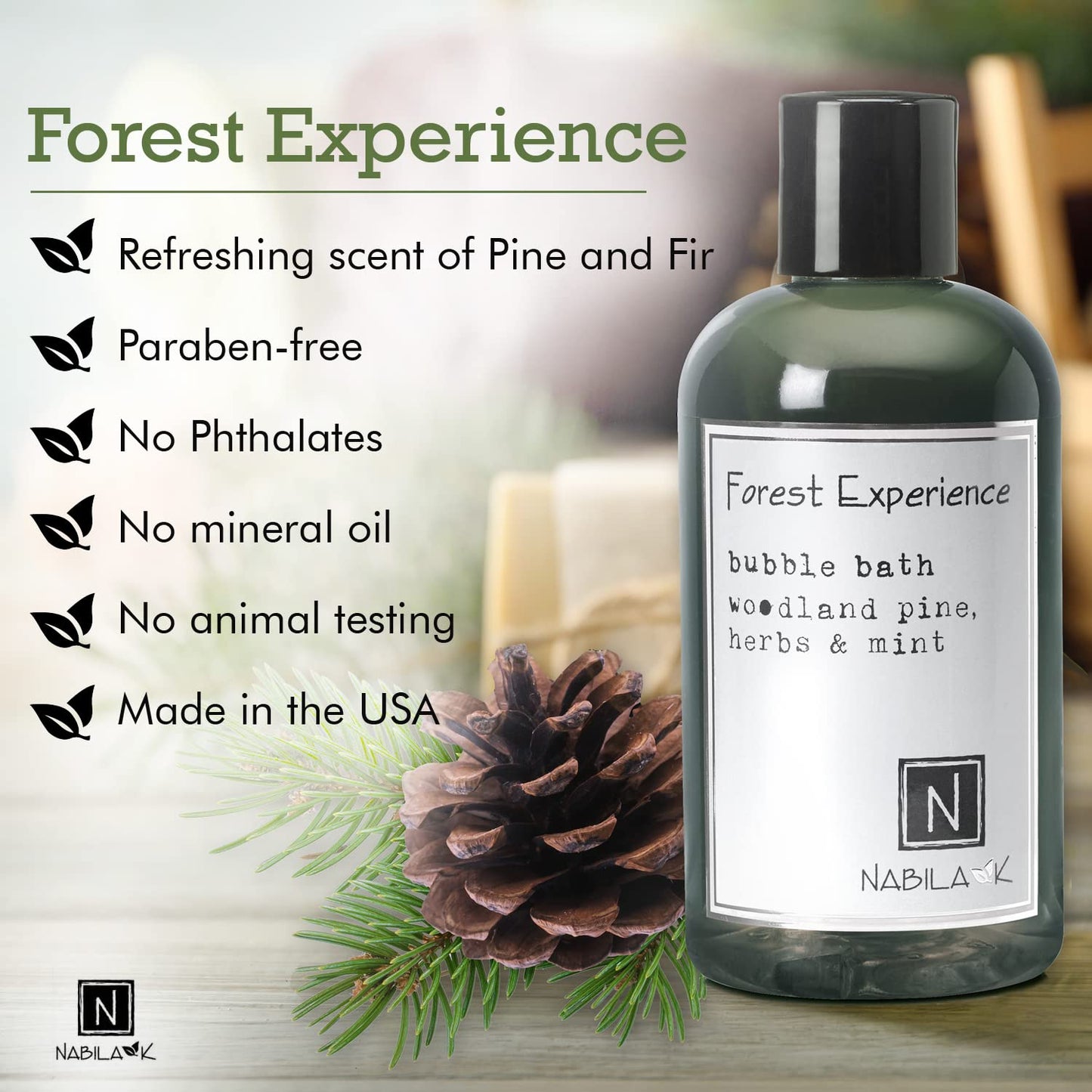 Nabila K Forest Experience Bubble Bath with Pine, Herbs & Mint | Natural & Organic, Sulfate-Free, Tear-Free | Luxury Aromatherapy Bath Soak for Sensitive Skin | for Women & Men, 8 oz