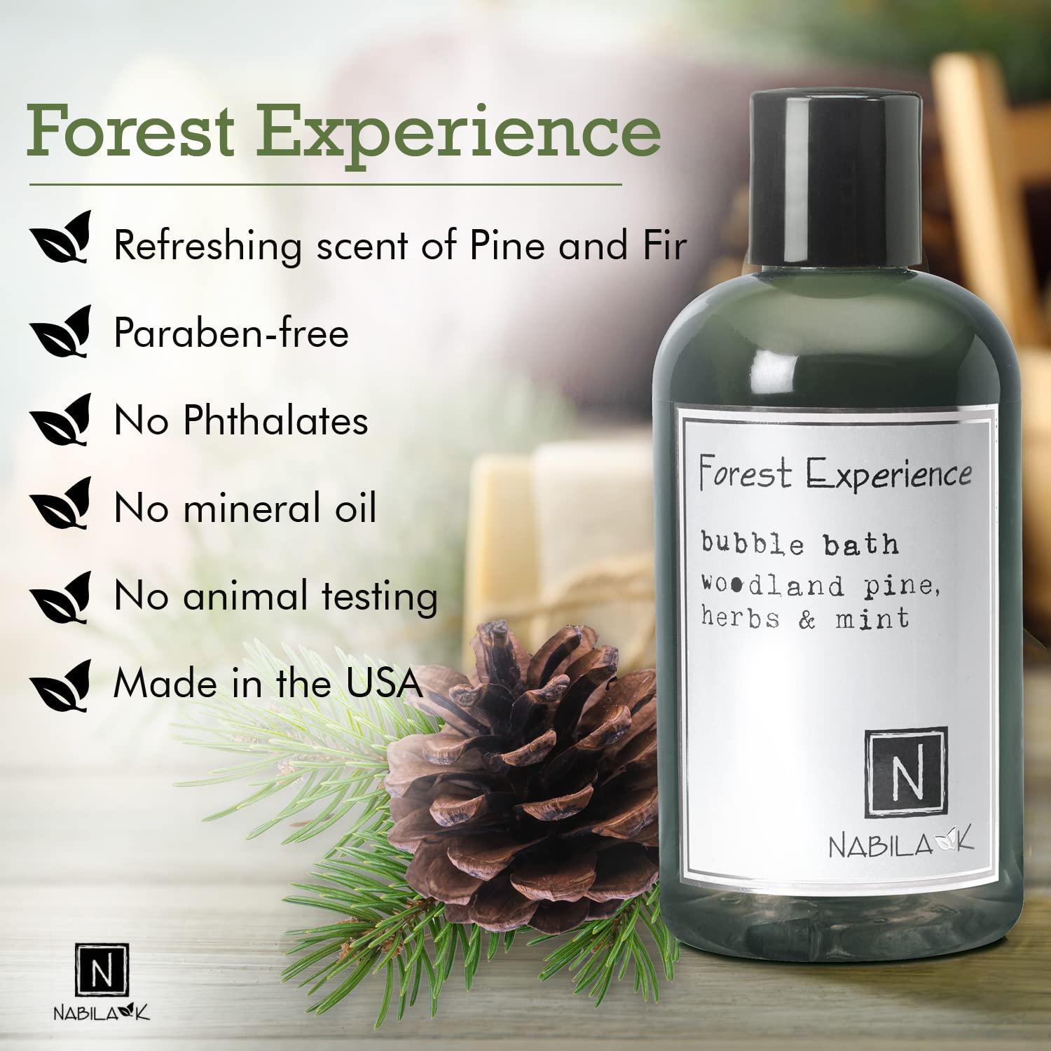 Nabila K Forest Experience Bubble Bath with Pine, Herbs & Mint | Natural & Organic, Sulfate-Free, Tear-Free | Luxury Aromatherapy Bath Soak for Sensitive Skin | for Women & Men, 8 oz