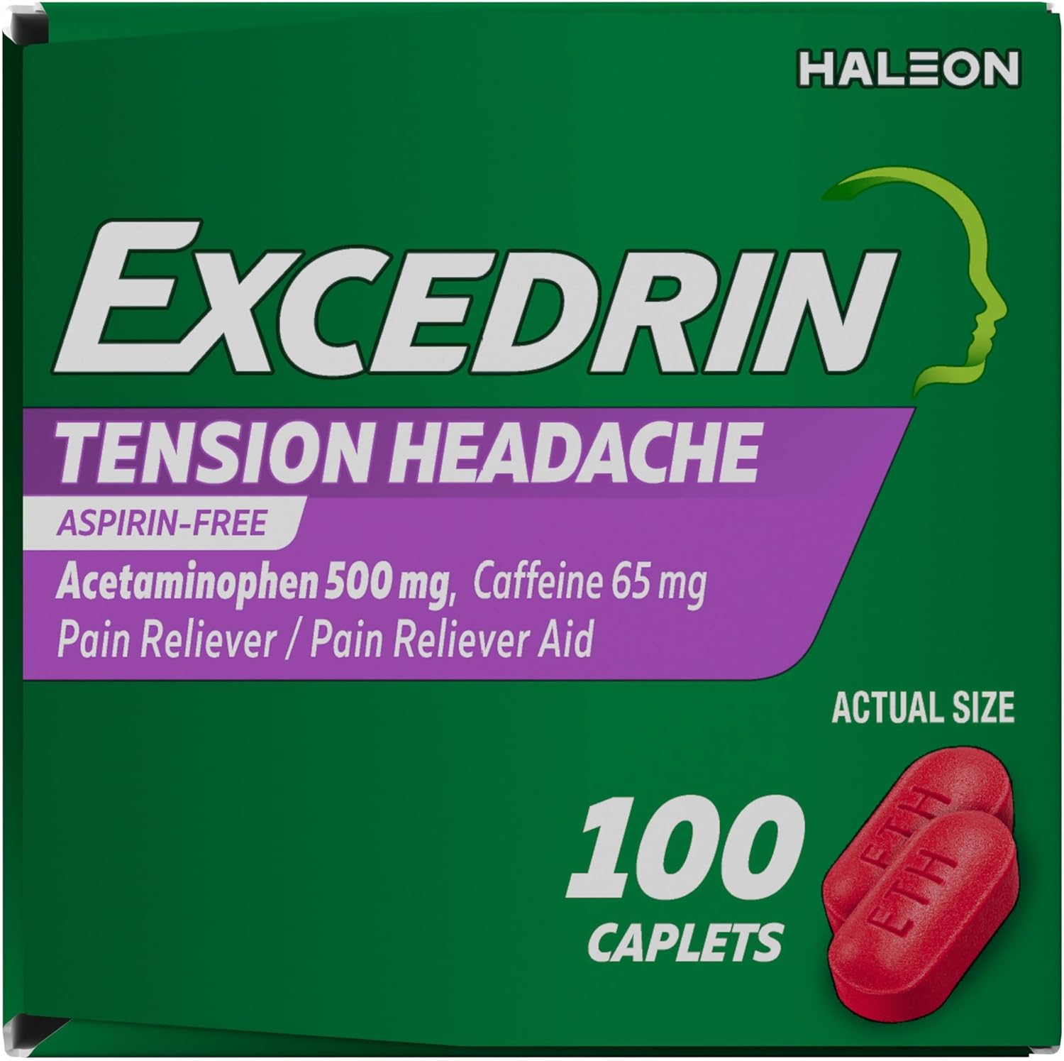 Excedrin Tension Headache Relief Caplets, Acetaminophen 500mg, Caffeine 65mg, Pain Reliever, Aspirin-Free, 100 Count