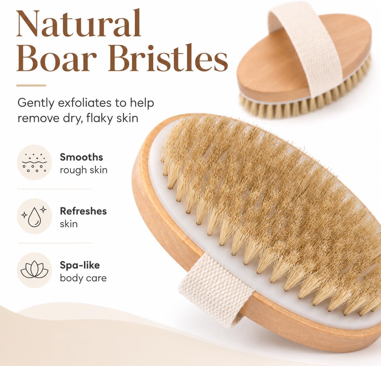 OPAZ Dry Body Brush 2 Pack, Natural Boar Bristle Exfoliating Body Brush for Dry Brushing, Handheld Shower Brush Scrubber with Wooden Handle & Cotton Strap, Skin Exfoliator Brush for Women and Men